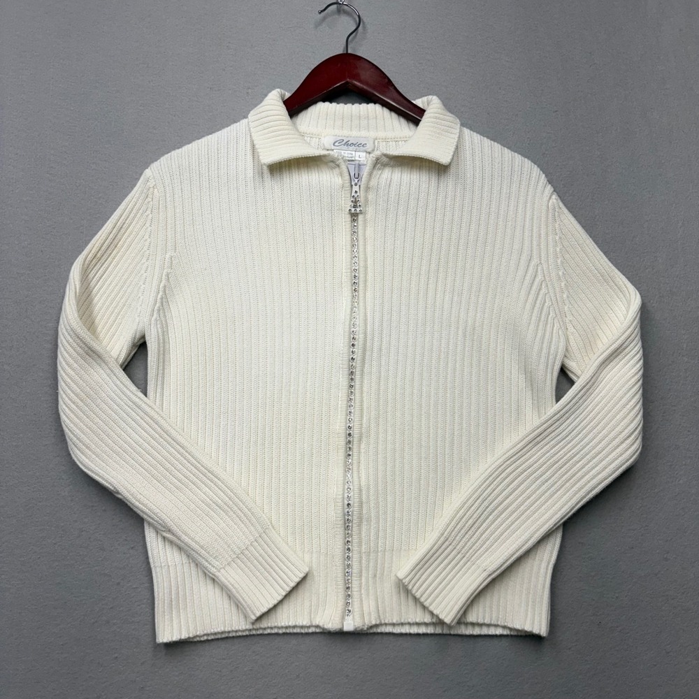 Choice Full Zip Sweater Womens Large White Ribbed Knit Rhinestone Y2K Aesthetic